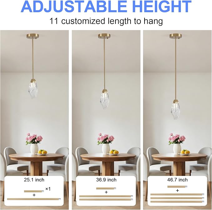 Modern 1-Light Brass Stem Rock Crystal Mini Pendant Lamp | Adjustable metal stem, textured ice crystal shade, modern brass finish, for kitchen island bedroom bathroom vanity lighting