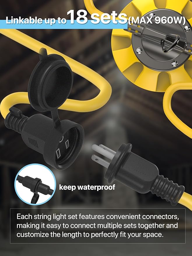HYPERLITE Construction String Lights: 50FT 5 Bulbs Work Lights with 3 Prong - IP65 Waterproof Linkable LED Industrial Temporary Lighting for Construction Sites Attic Crawlspace Renovation