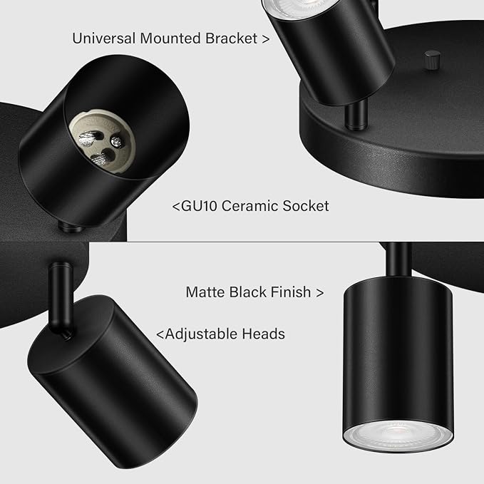 AUQUEE LED 4 Light Track Lighting Kit, LED Track Lighting Fixtures, Black Round Ceiling Spot Lighting, Flexibly Rotatable Light Head for Kitchen, Living Room, Bedroom, GU10 Bulb Not Included