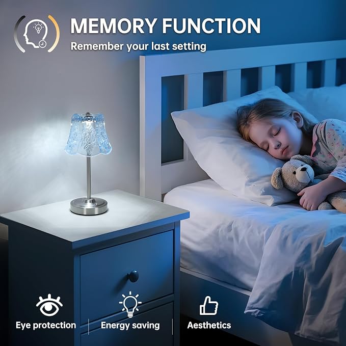 Shenmoyl Cordless Touch Table Lamp with 5200mAh Battery - 3 Adjustable Color Temperatures & Dimmable, Rechargeable Lamp for Bedroom, Living Room, Office, Entryway, Bookshelves (Clear Light Blue Rose)