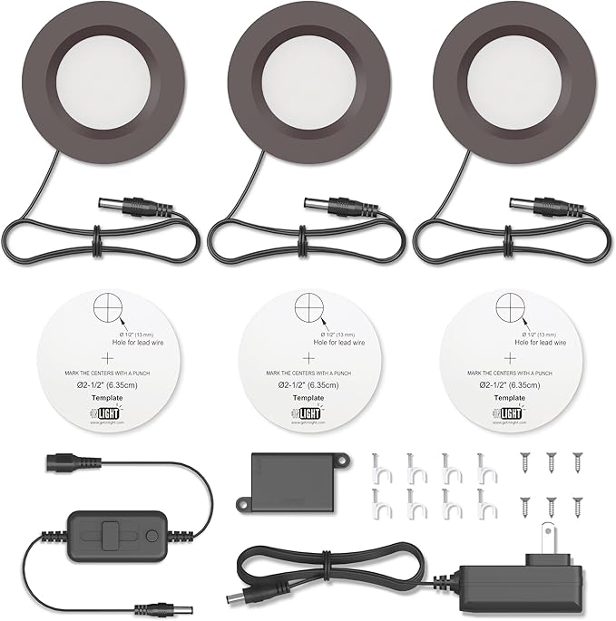 GETINLIGHT 2.75" Under Cabinet LED Puck Lights Kit, Plug-in 12V Set with in-Line Dimmer, 3000K Warm White, Recessed or Surface Mount, ETL Listed, 3-Pack, IN-0102-3-BZ