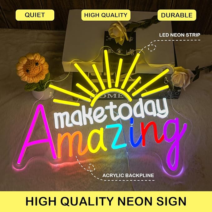 Horseneon Make Today Amazing Neon Sign Colorful Sun LED Light Neon Signs Wall Decor for Classroom, Library, Study Room & Bedroom, USB-Powered with Adjustable Brightness
