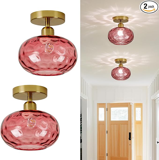 Luafac 7.9″ Vintage Small Red Semi Flush Mount Hallway Ceiling Light,2 Pack | Art Deco Hammered Glass,Whimsical,MCM,Gold Mid Century Light Fixtures for Closet Cottage Entryway Laundry Room Foyer