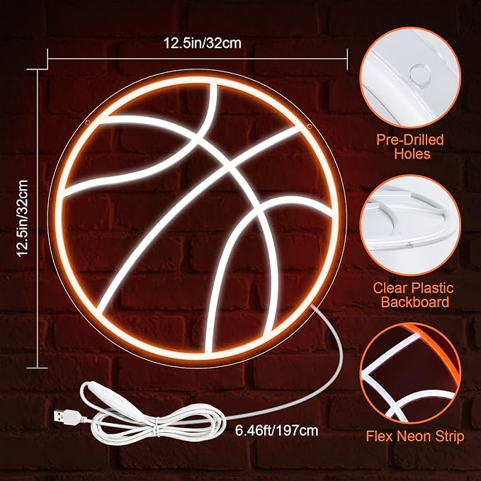 Basketball Neon Sign, Dimmable LED Basketball Neon Light, USB Powered Wall Decor for Bedroom, Kids Room, Man Cave, Game Room, Sports Party, Basketball Gifts for Fans