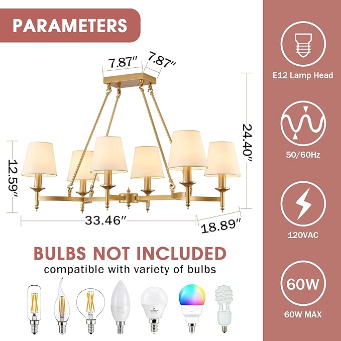 33.5" Gold Dining Room Chandelier with White Linen Fabric Shades 6-Light Rustic Industrial Ceiling Light Fixture Large Farmhouse Pendant Lights for Kitchen Island Living Room