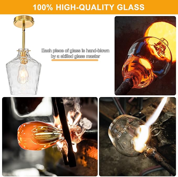 foucasal Modern Hammered Glass Pendant Lighting for Kitchen Island, Adjustable Height Rods Hanging Light with Ceramic E26 Light Socket for Dining Room Foyer Bedroom Bathroom Gold