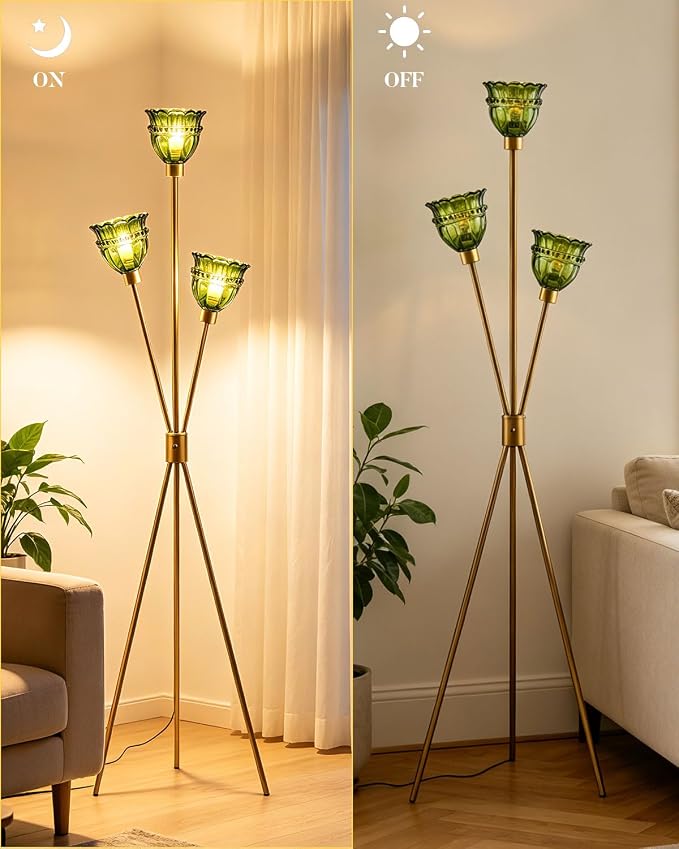 3-Light Tripod Glass Floor Lamp, Gold Standing Lamp with Green Tulip Lace Glass Shade, Rotary Dimmable LED Floor Lamp for Living Room Bedroom Home Office Sofa Beside Corner Decor, Bulb Included