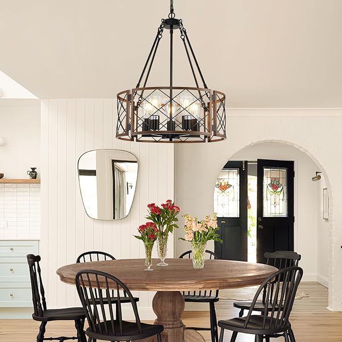 21'' Farmhouse Chandelier, 5-Light Black & Wood Grain Dining Room Light Fixture Over Table, Rustic Industrial Drum Hanging Pendant Lights Fixture for Kitchen Island Bedroom Hallway Foyer Entryway