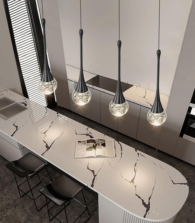 4-Lights Modern Pendant Lights for Kitchen Island LED Dimmable Crystal Glam Ceiling Pendant Lighting Chandelier for Dining Room Hallway Bedroom Black