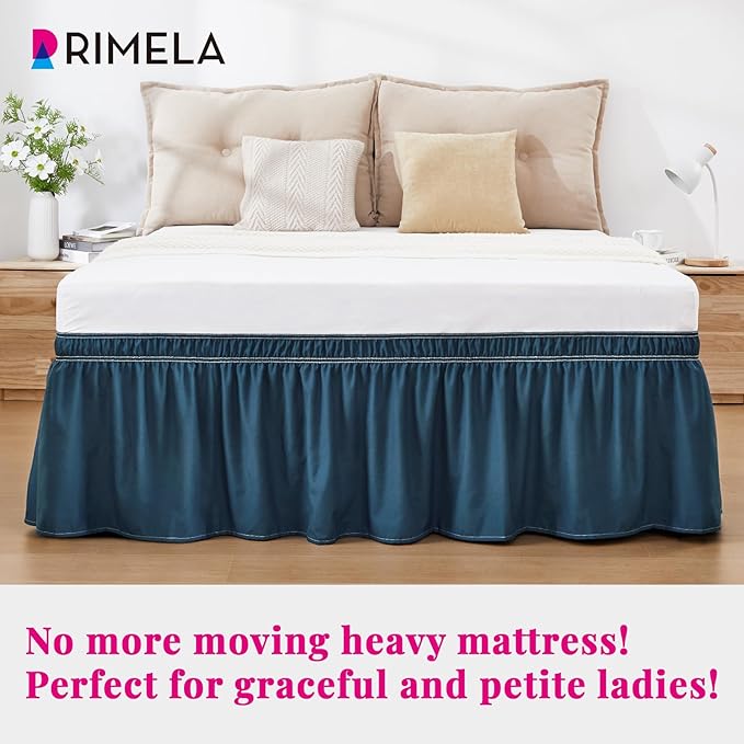 RIMELA Dusty Navy Bed Skirt Queen Size 15 Inch Drop, Wrap Around Elastic Bedskirt, Dust Ruffle for Adjustable Bed Base Machine Washable Easy to Install Bed Skirts