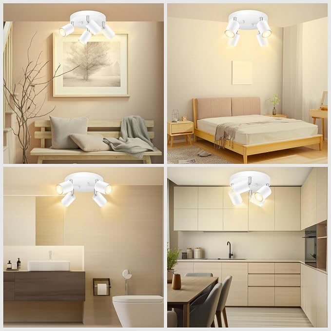 AUQUEE LED 4 Light Track Lighting Kit, LED Track Lighting Fixtures, White Round Ceiling Spot Lighting, Flexibly Rotatable Light Head for Kitchen, Living Room, Bedroom, GU10 Bulb Not Included