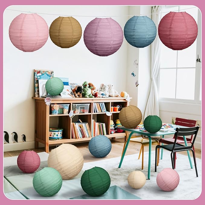 Glooglitter 16 Pcs Boho Hanging Paper Lanterns Back to School Party Decoration 4'' 6'' 8'' 10'' Colorful Round Lanterns for Classroom Ceiling Decor Indoor Outdoor Birthday Wedding Bridal Baby Shower