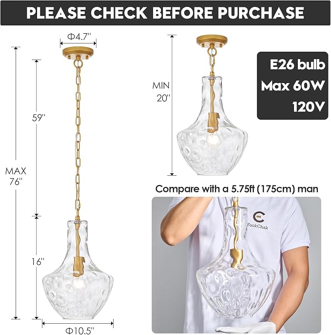 Hammered Glass Pendant Light Gold Kitchen Island Light Large Glass Pendant Lights Over Sink Brass Hand-Blown Glass Hanging Light for Kitchen Dining Room Hallway Entrance