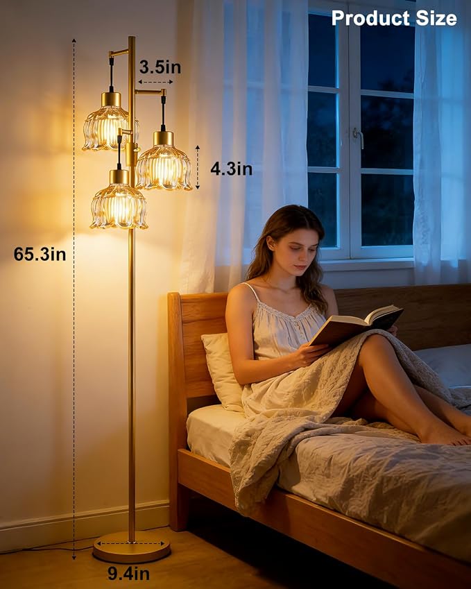 Lightdot 3-Light Lotus Floor Lamp 65'' Dimmable with Brown Glass Shade & E12 Bulbs Included, Mid Century Tall Flower Lamp with 5Lbs Heavy Base for Living Room/Bedroom/Sofa Beside/Corner Decor - Gold