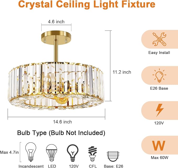 FRIDEKO HOME Gold Crystal Chandelier Ceiling Light - 4-Light Ceiling Light Fixture Modern Ceiling Mount Lights Chandelier for Dinning Room Bedroom Kitchen Entryway (14.56 Inch, Bulb not Included)