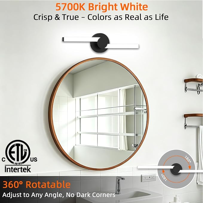 Bathroom Lighting Fixtures Over Mirror 20 Inch 360° Rotatable LED Bathroom Vanity Light, Modern Black 5700K 2100LM 24W IP44 Waterproof, Dimmable Vanity Light Bar, ETL Listed(1 Pack)