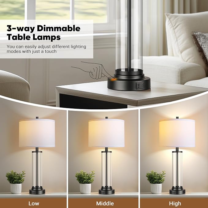 Glass Table Lamps Set of 2, Modern Black Dimmable Beside Lamps for Bedroom | 2 Dimmable LED Bulbs, USB A+C Charging Ports, Modern Black Glass Lampshade, Seamless Dimming Touch Control