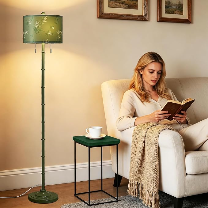 Upgraded 2-Light Mid Century Modern Green Floor Lamp for Living Room | 63.5'' Tall Floor Lamp with 3 Color Temp Bulbs, Living Room Lamp with Chain Switch, Standing Lamp for Bedroom, Office, Corner
