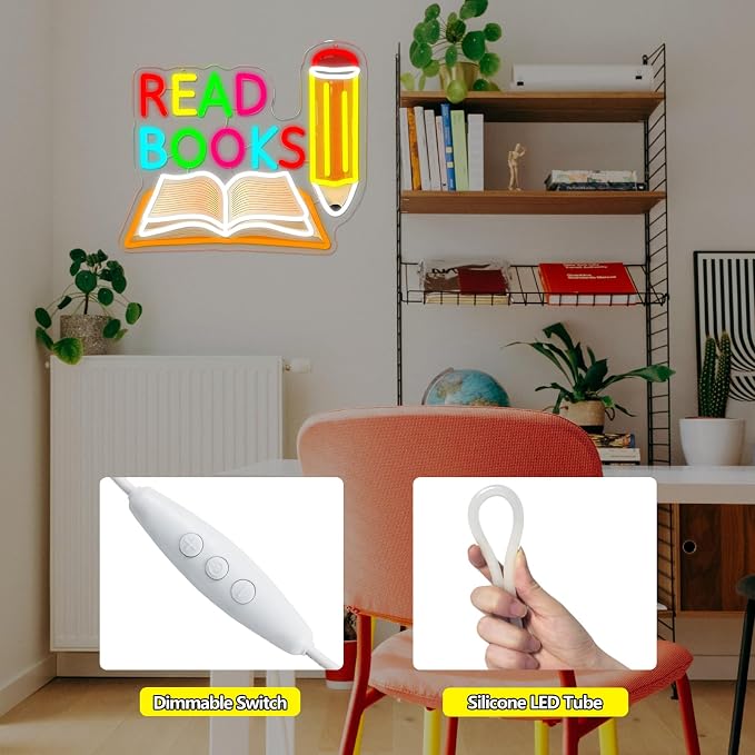 Read Books Neon Sign Printed Pencil and Book Neon Light for Wall Decor | USB Dimmable Read LED Neon Signs for Classroom Reading Room Bookstore Library Bedroom Study Room Bookish Decoration for Teens