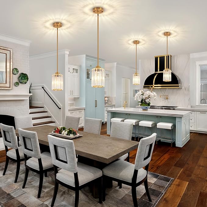 2 Pack Brushed Gold Pendant Lights Kitchen Island, Modern Crystal Kitchen Pendant Lighting Over Island Dining Room Light Fixtures Adjustable Hanging Pendant Light for Bathroom Hallway Foyer Bedroom