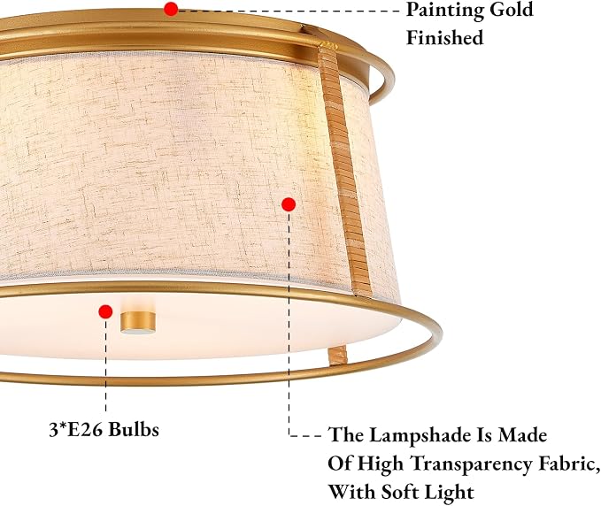 VILUXY Gold Semi Flush Mount Ceiling Light Fixture, 13’’ Modern Close to Ceiling Lights with Beige Fabric Linen Drum Shade 3-Light Round Ceiling Lamp for Bedroom Hallway Nursery Kids Room Entryway