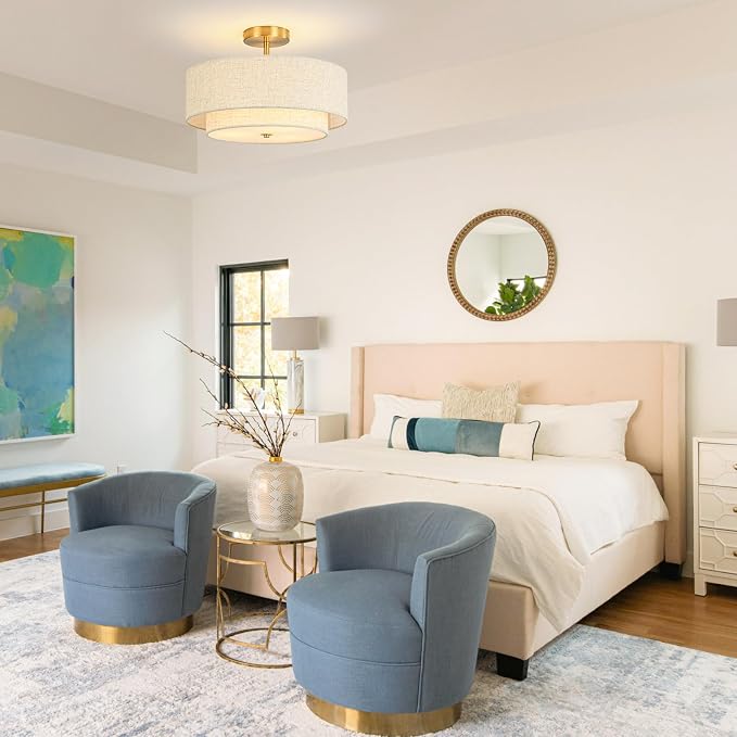 16" Semi Flush Mount Ceiling Light, 3-Light Gold Drum Ceiling Light Fixture | 2-Tier Fabric Linen Shade Design, Farmhouse Chandelier for Dining Room, Living Room, Bedroom, Kitchen, Hallway, Entryway