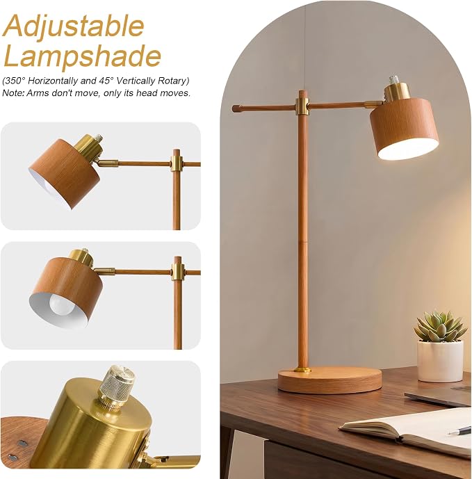 22.2" Mid Century Desk Lamp, Modern Metal Table Lamp with LED Bulb, Adjustable Reading Lamps, Industrial Task Lamp for Home Office, Farmhouse Bedside Lamps with Solid Base, Woodgrain