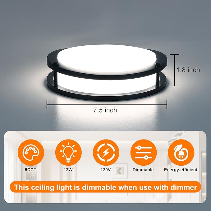 7.5 Inch Round Black Ceiling Light Fixture for Living Room - 7.5” Black LED Flush Mount Ceiling Lamp 2700K/3000K/3500K/4000K/5000K LED Kitchen Bathroom Light 12W
