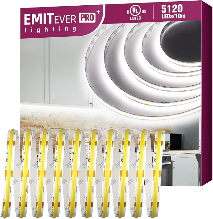 EMITEVER COB LED Strip Lights 5000K 24V, 32.8ft/10m, 5120LEDs, UL Listed | White Tape Light Premium High Density,for Bedroom,Kitchen,Cabinet,360+Lumens/ft,Ra 90+ (Power Supply Sold Separately)