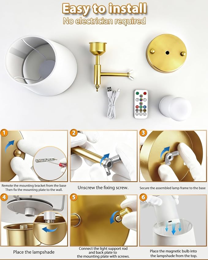 Adetu Battery Operated Wall Sconces Set of 2, Gold Rechargeable Wall Lights | 10000mAh RGB Rechargeable Magnetic Bulb, 5%-100% Dimmable, Battery Wall Sconce for Bedroom Wall Decor