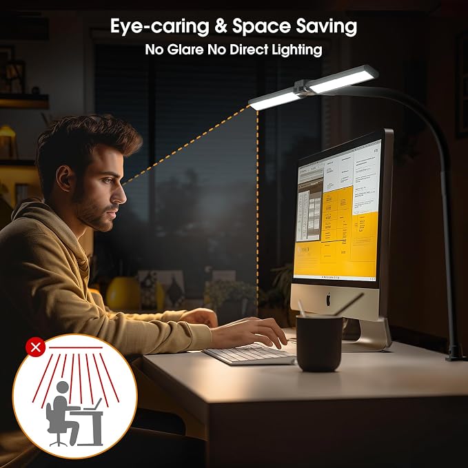 LED Desk Lamp for Home Office - Dimmable Computer Desk Light with Clamp, Modern Architect Task Lamp with Color Changing, Flexible Desktop Lamp with Gooseneck for Monitor, Double Head, Black