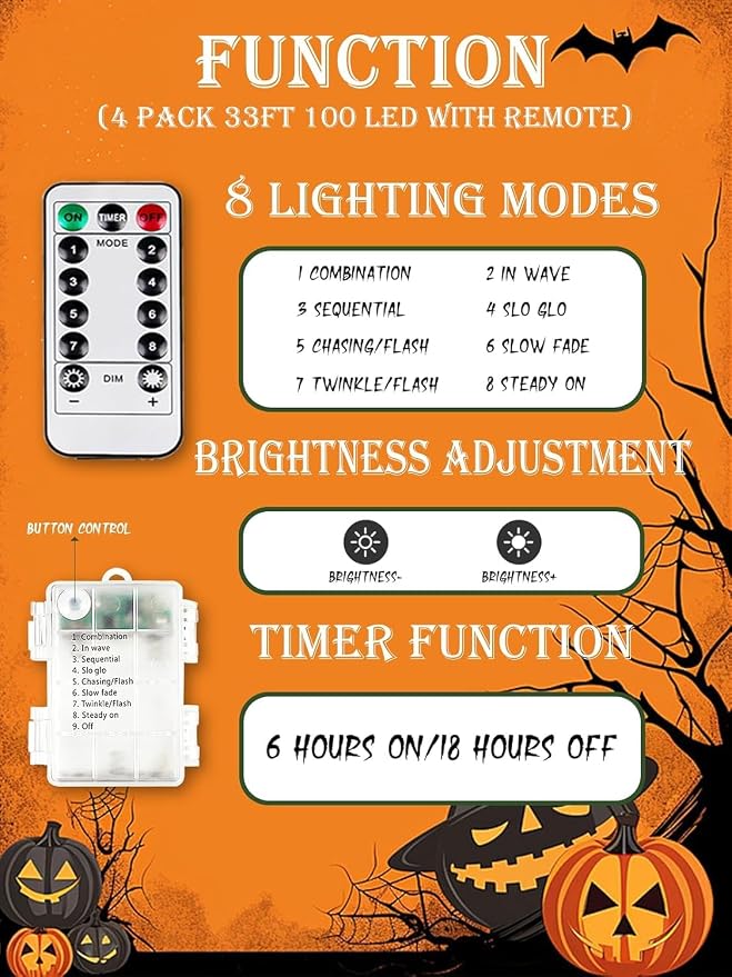 Halloween Fairy Lights Battery Operated 100 LED 33FT 4 Pack Orange Purple | Timer, 8 Modes, Remote Control, Brightness Adjustable Waterproof Twinkle Lights for Indoor Outdoor Party Cpreepy decorations