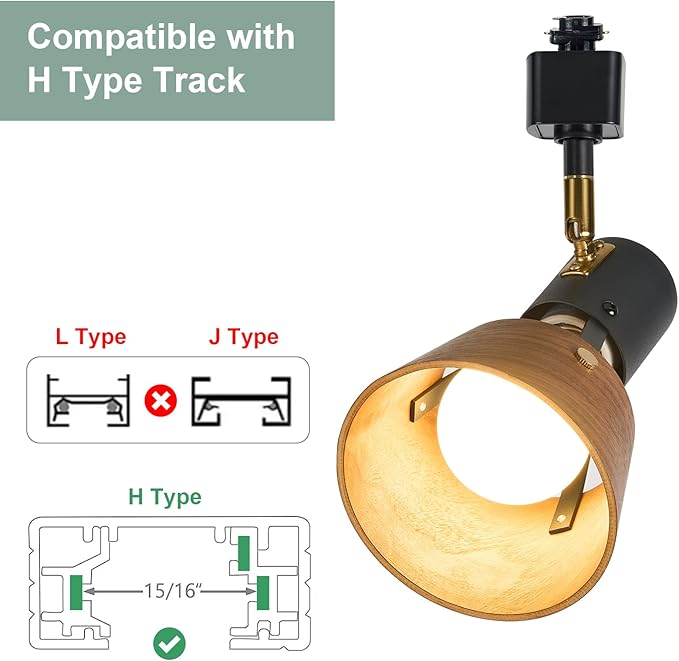 TeHenoo Modern H Type Track Lighting, Adjustable Track Heads,Matte Black Finish and Natural Wood Lampshade Spotlights, E26 Socket,Brass Swivel Item Kit, for Accent Retail-Pack of 3