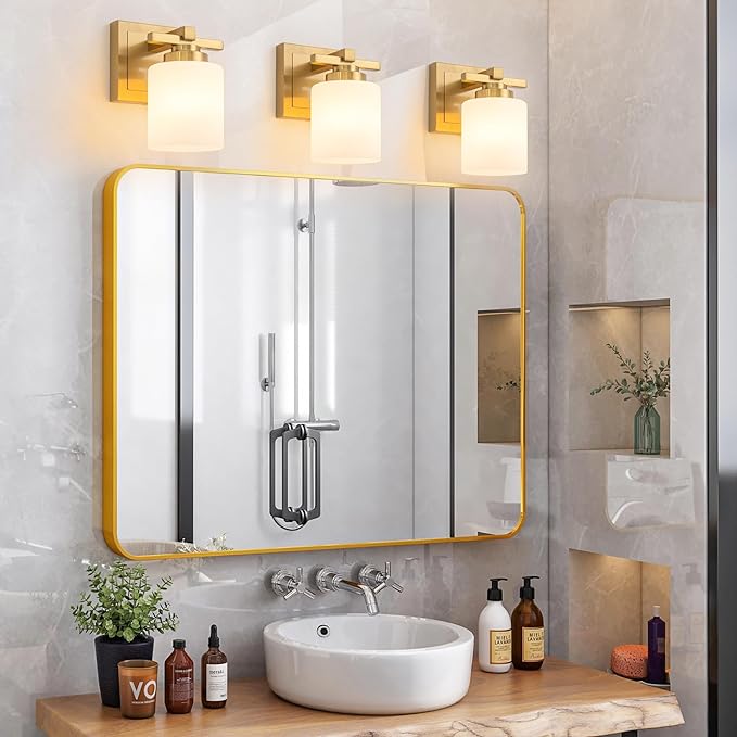 Modern Bathroom Light Fixtures Over Mirror, Vanity Lights for Bathroom Wall Sconces with Milky White Glass Shades, E26 Socket (Bulbs Not Included), 1 Light, Brass