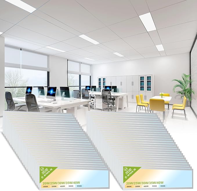 YXL 48 Pack 1x4 LED Flat Panel Light Drop Ceiling Light Fixture, 5200LM, 5CCT LED Drop Ceiling Office Light, 40W/35W/30W/25W/20W Selectable,6500K/5000K/4000K/3500K/3000K,Dimmable 0-10V,ETL