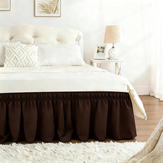 RIMELA Bed Skirt King Size 18 Inch Drop, Elastic Bed Skirting for Bed Base and Frame, Bedding Dust Ruffle Easy to Install,Wrap Around Adjustable Bedskirt, Chocolate Brown