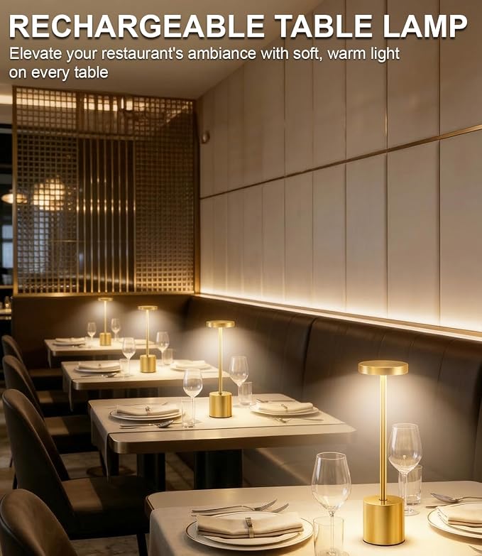 Swinerton Gold Cordless Table Lamp Set, 5000mAh Rechargeable Battery Operated Desk Lamp Wireless Table Light, 3 Color Dimmable Touch Lamp for Restaurant Dining Patio, Home/Apartment Decor