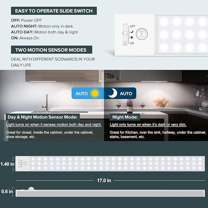 Alivation 84 LED Motion Sensor Light Indoor, Magnetic Closet Lights for Under Cabinet Lighting, Wireless 3200mah Rechargeable Battery Operated, Dimmable, Bright 5500K Daylight, 120 Days Run Time
