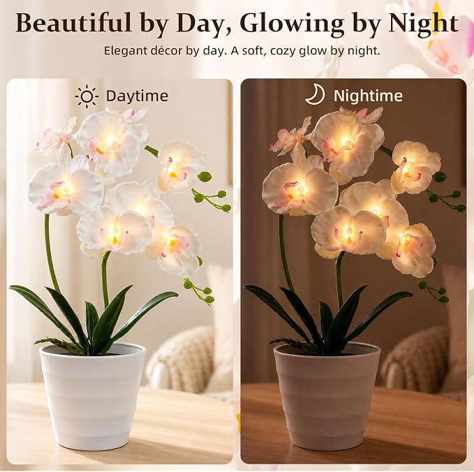 Orchid Artificial Flowers Lamp LED Night Light Home Decor | realistic orchid design, soft warm led glow, artificial flowers decor, night light, bedroom decor, desk lamp, home decoration