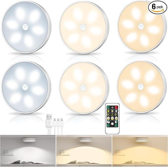 Motion Sensor Closet Lights, USB-C Rechargeable Under Cabinet Puck Lighting with 3 Color Temperatures, Dimmable Battery Powered Step Lights for Kitchen, Stairs, Wardrobe