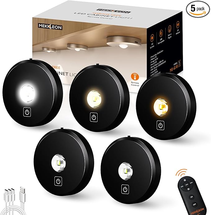 Puck Lights with Remote Control,Under Cabinet Lighting,black,5PCS | 2200mAh Rechargeable Push Light,3 Color Temperatures Dimmable Under Cabinet,Closet Light,Tap Light for Shelf,Bookcase