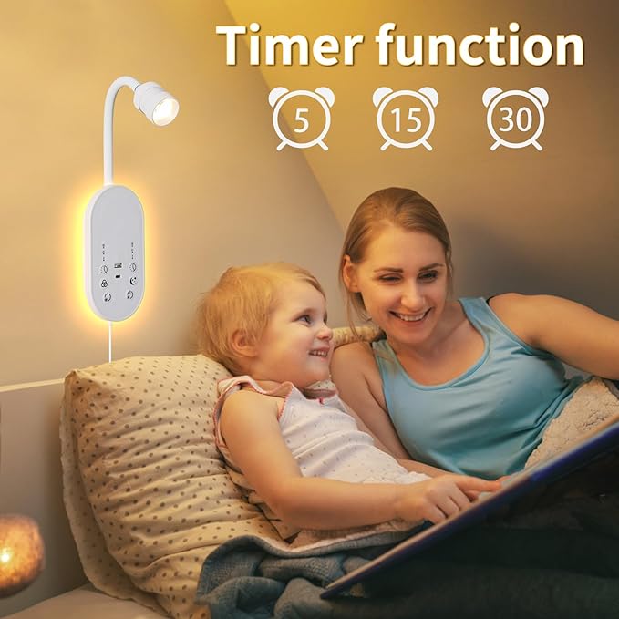 Books Lights for Reading Set of 2, Bedside Wall Mounted Reading Light with 3 Color Temperature & Timers, Touch Control Stepless Dimmable Wall Sconces, Flexible Gooseneck Bed Lights for headboard