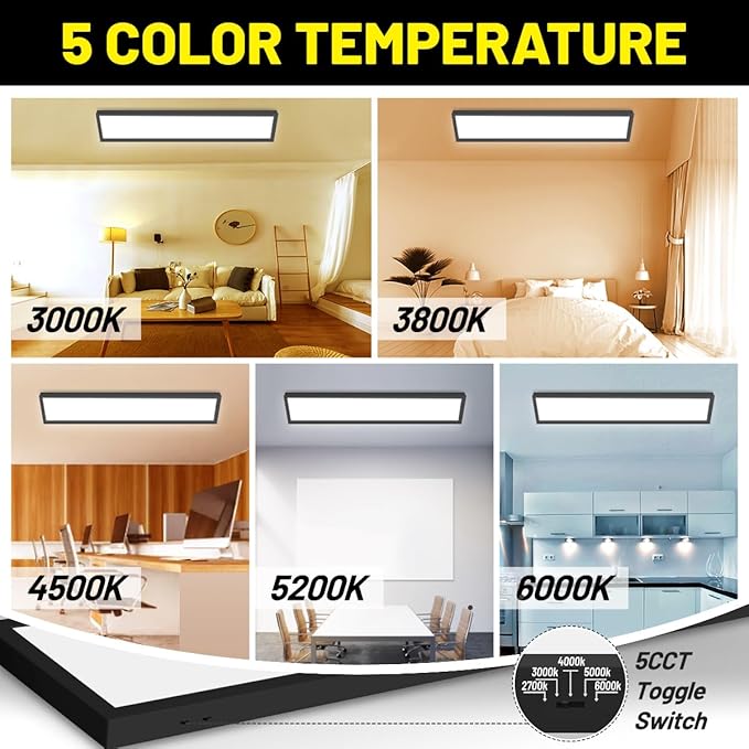 1x4 Led Flat Panel Light Surface Mount 2-Pack, 40W/4980LM, 5CCT 3000K/3800K/4500K/5200K/6000K, Flush Mount Ceiling Light for Kitchen, Garage, Hallway, Office, Black, ETL