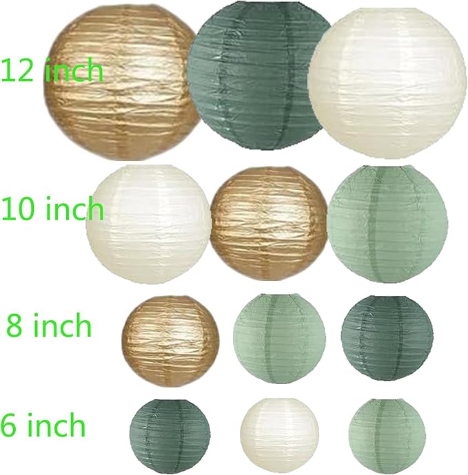 12Pcs Sage Green Paper Lanterns Decorative, Chinese Round Hanging Paper Lanterns Lamp for Wedding, Bridal, Outdoor Decor, Garden Decor, Home Decor, Party Decorations (Size of 6”, 8”, 10”, 12”)