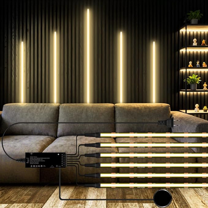 6PCS 12V Black COB LED Strip Lights 6.56Ft 4000K with Touch Dimmable Switch | LED Recessed Lighting Kit Self-Adhesive LED Uner Cabinet Light for Wood Slat Wall Panels Headboards Shelves