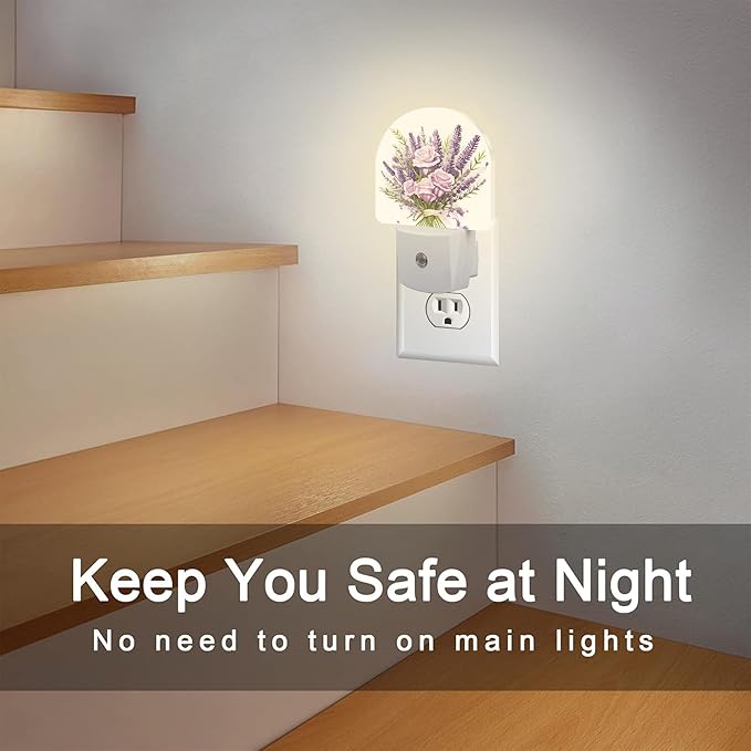 Purple Lavender Louquet Night Light Plug into Wall,Watercolor Blooming Lavender Floral Dusk to Dawn Night Light Plug in,0.5w Energy Saving Sleep Friendly NightLight for Kids Boys Girls Home Decor