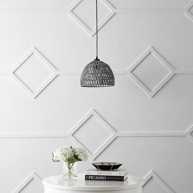 JONATHAN Y Campana 1-Light Pendant Dome Ceiling Lamp, 10.25", Gray | Modern Coastal Farmhouse Decor, Adjustable Height, Woven Rope Metal Frame, LED Bulb Included, UL Listed