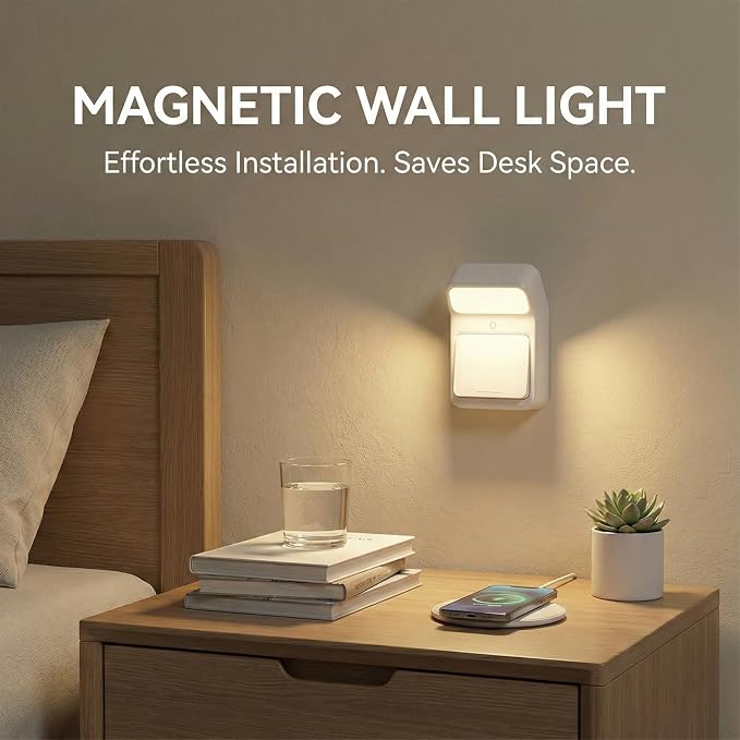 Rechargeable Night Light Wall Sconces, Battery Powered Bedside Table Lamp, 1200mAh Cordless Magnetic Stick on LED, Dimmable 3 Colors, Portable Reading, Dorm, Push Button