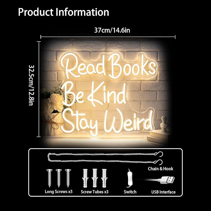 Neon Sign Led Sign Neon Signs for Wall Decor Neon Lights Up Signs | Read Books Be Kind Stay Weird Neon Sign, Warm White Room Decor, Girls Gift, Party, Classroom Wall Decor, 5V USB Powered
