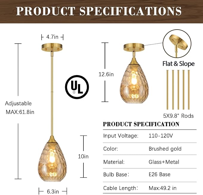 Glass Pendant Lights Kitchen Island, 1-Light Modern Brushed Gold Pendant Light Fixtures with Hammered Amber Glass and Rods, Small Hanging Light for Kitchen Sink Dining Room Bathroom